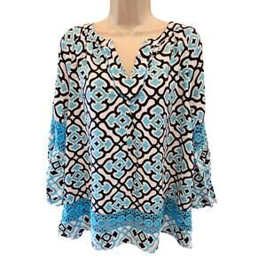 Crown & Ivy XLP XL PETITE blue floral mixed media peasant top career casual EUC